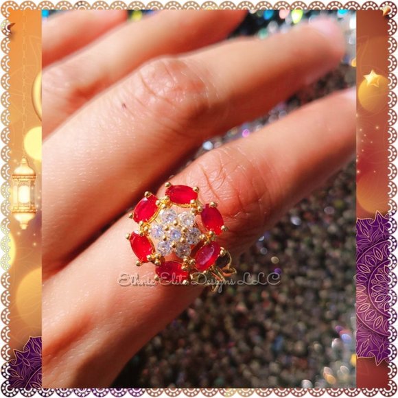 Salwar Kameez Jewelry - 7️⃣4️⃣New boutique Beautiful Gold Tone Rhinestones Rings - White/Ruby Red Halo -
